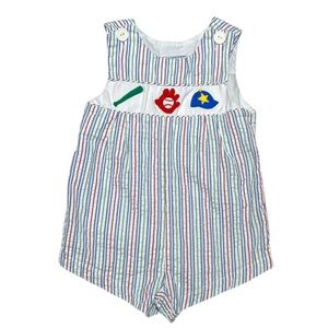 EUC Vintage Samara multi color seersucker baseball theme baby romper 12/18mo